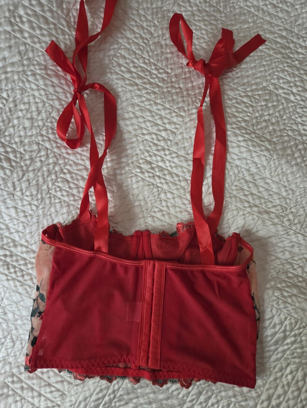 Red Rose Embroidered Mesh Tie-Shoulder Corset Crop Top Size S - Picture 9 of 10